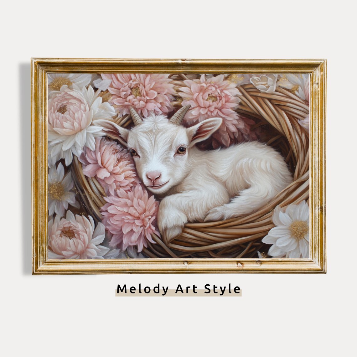 Baby Goat Resting In Basket Among Pink Dahlias Farmhouse Wall Art