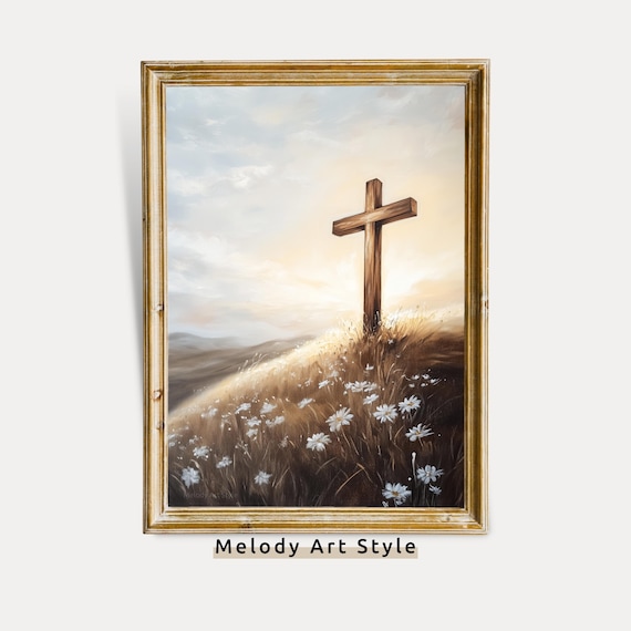 Wooden Cross On Sunrise Hill Above Daisy Meadow Christian Faith Poster