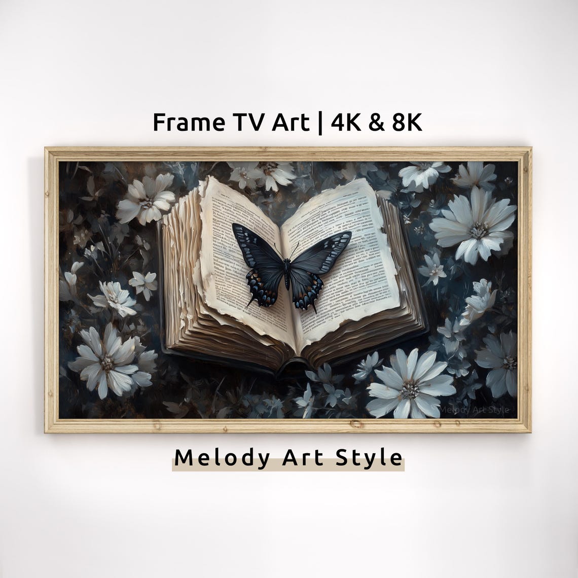 Dark Butterfly On Open Antique Book With White Flowers Gothic Poster