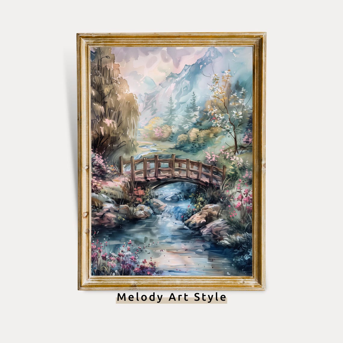 Rustic Wooden Bridge Mountain Stream Spring Watercolor Art Poster