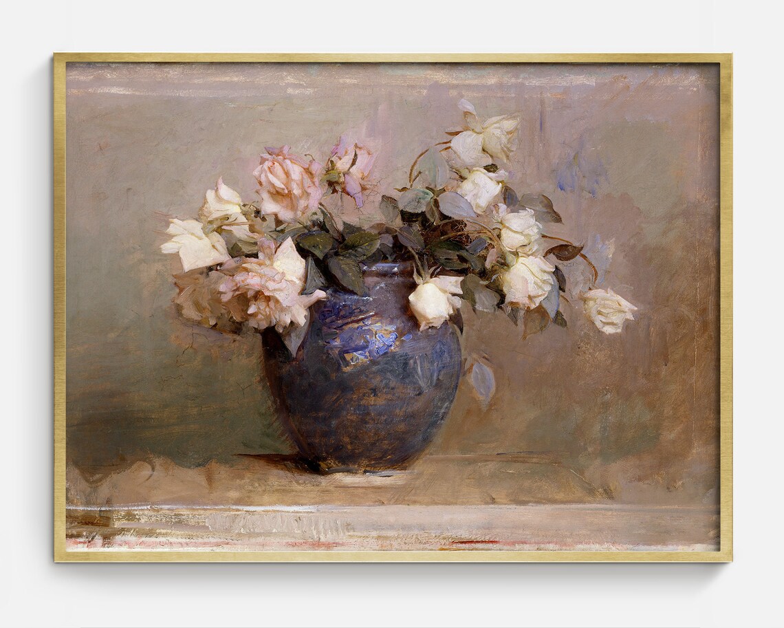 Cream White Roses In Blue Vase Vintage Still Life Oil Painting Poster