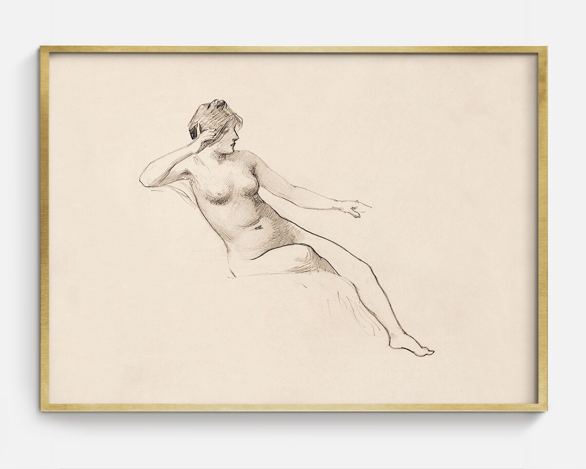 Vintage Reclining Nude Figure Charcoal Sketch Classic Woman Art Print - Image 2