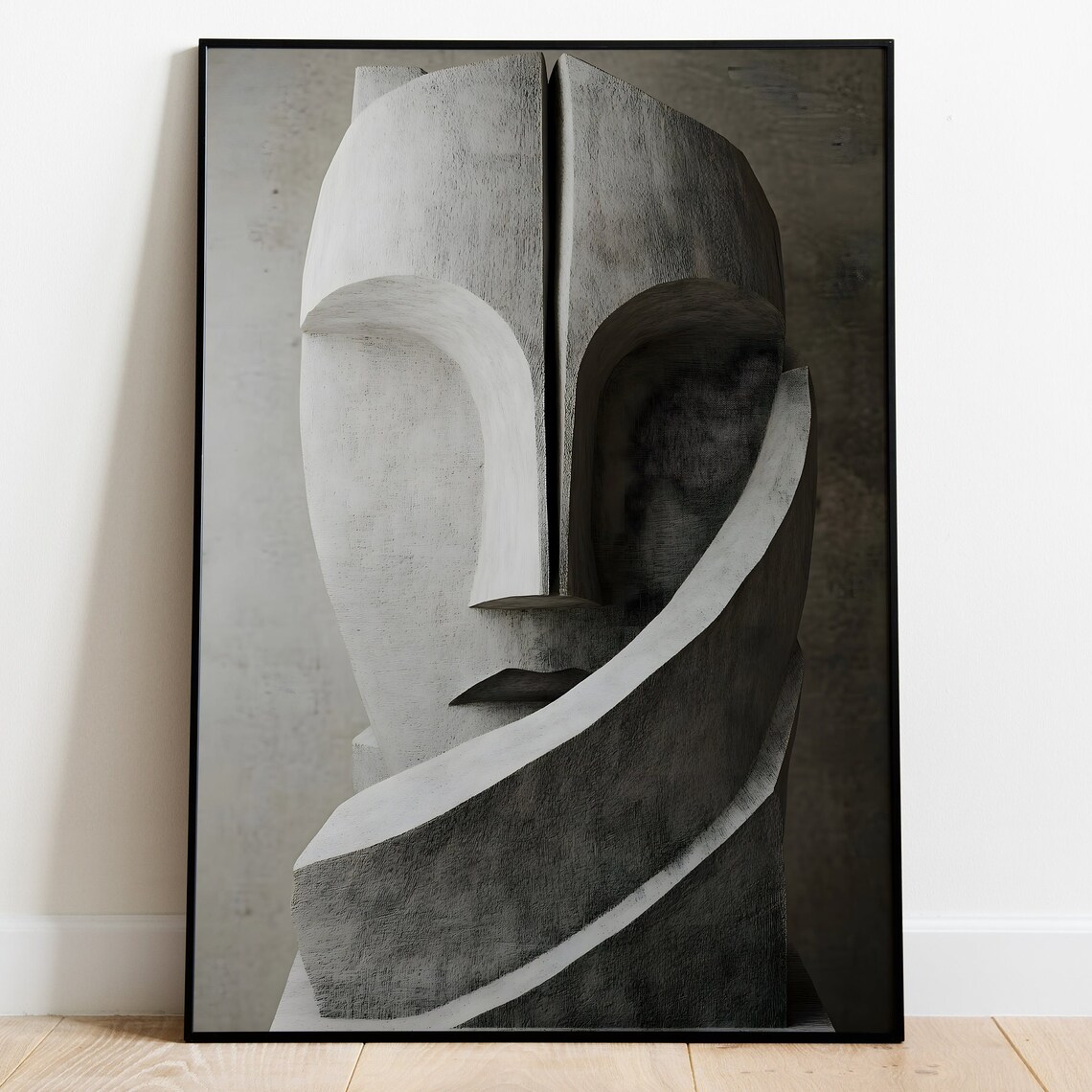 3D Concrete Face Sculpture, Modern Wall Art Print