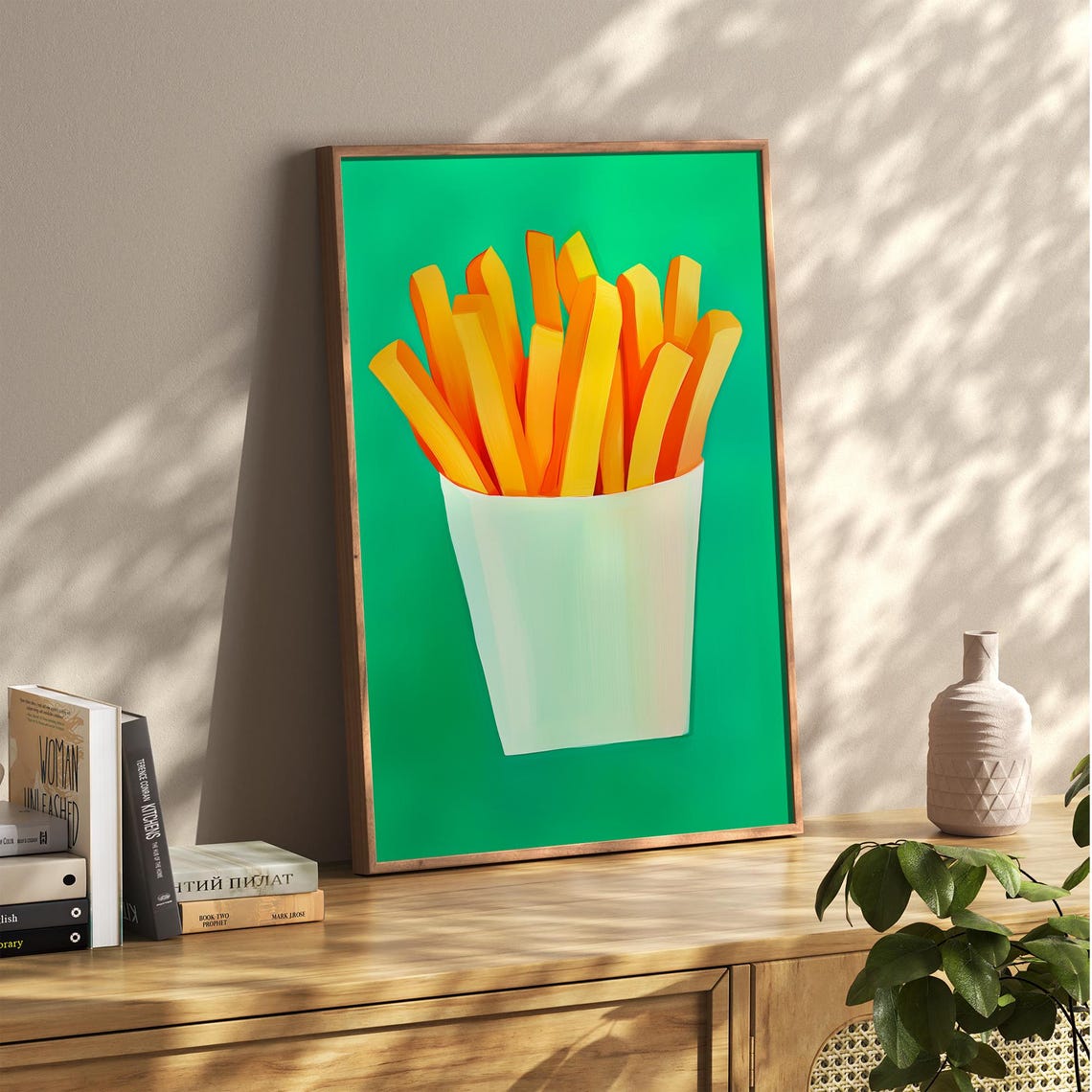 French Fries in a White Cup on Bright Green Kitchen Decor Poster - Image 2