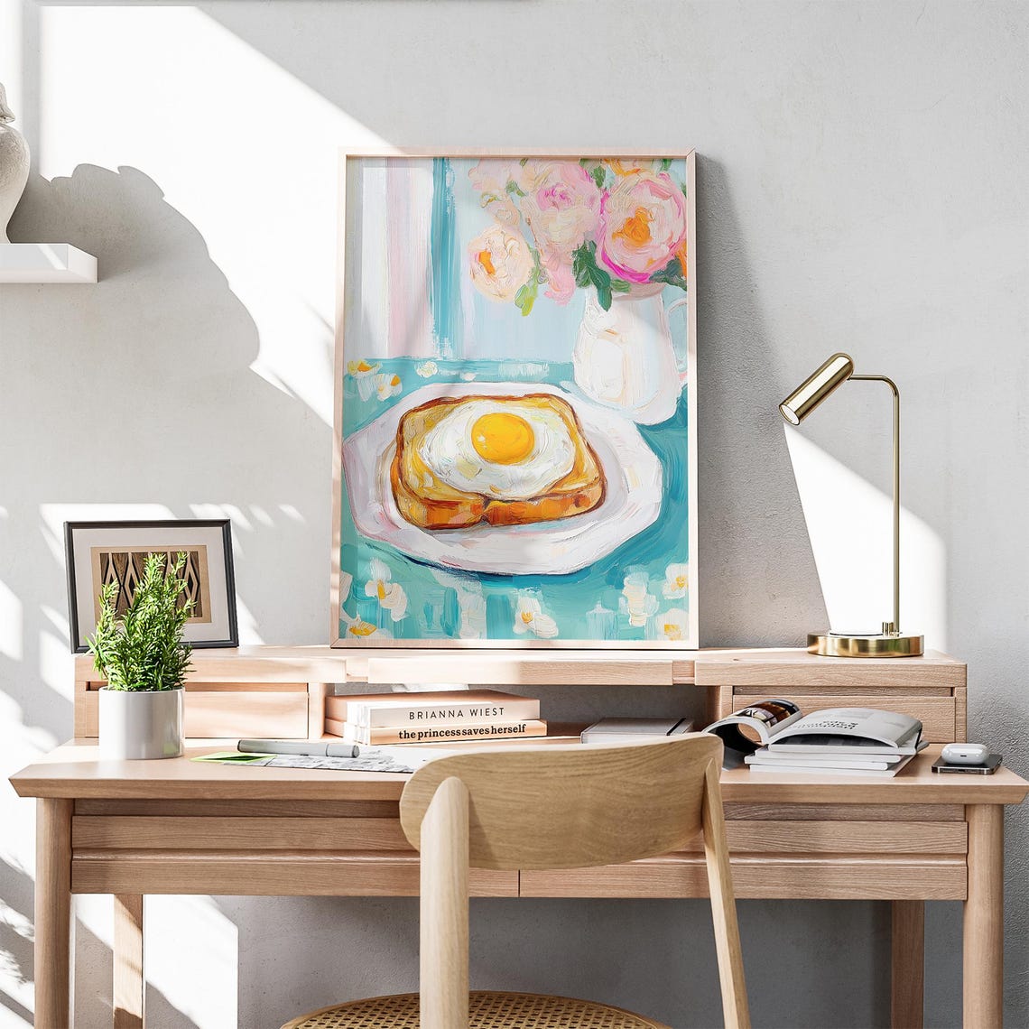 Fried Egg Toast With Peonies Turquoise Breakfast Table Poster - Image 6