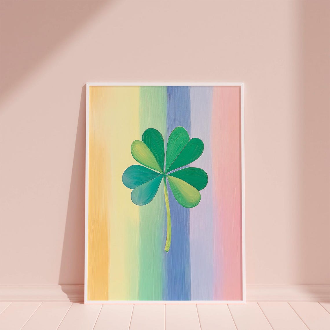 Green Shamrock On Pastel Rainbow Stripes Lucky Clover Poster - Image 6