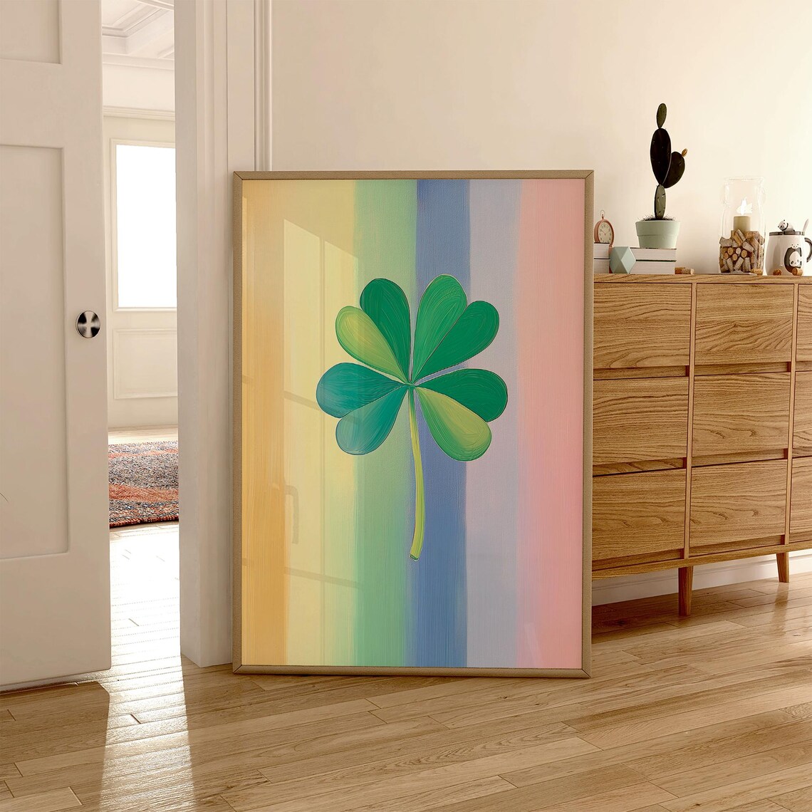 Green Shamrock On Pastel Rainbow Stripes Lucky Clover Poster - Image 4