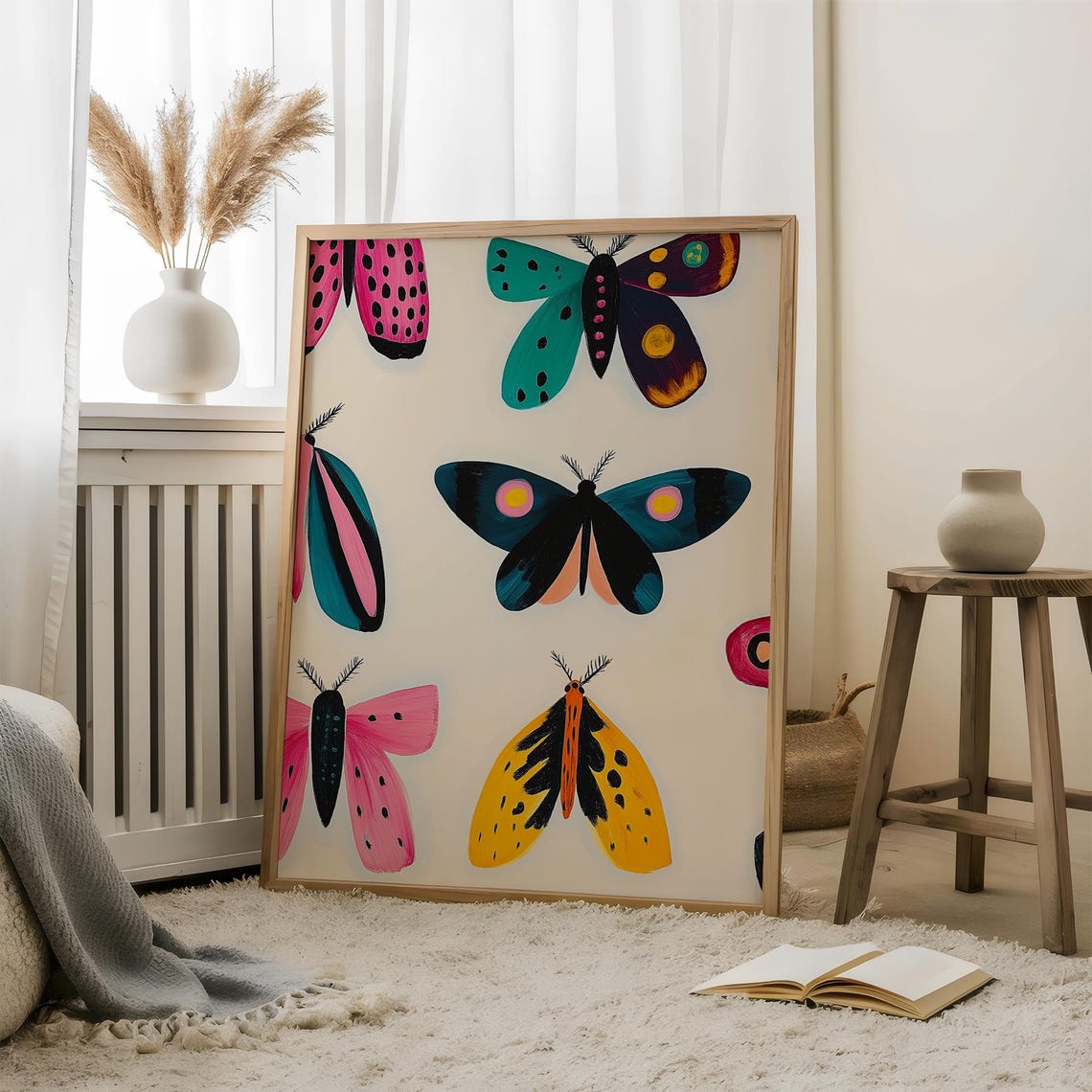 Colorful Folk Art Moths Pattern Playful Retro Insects Poster - Image 4