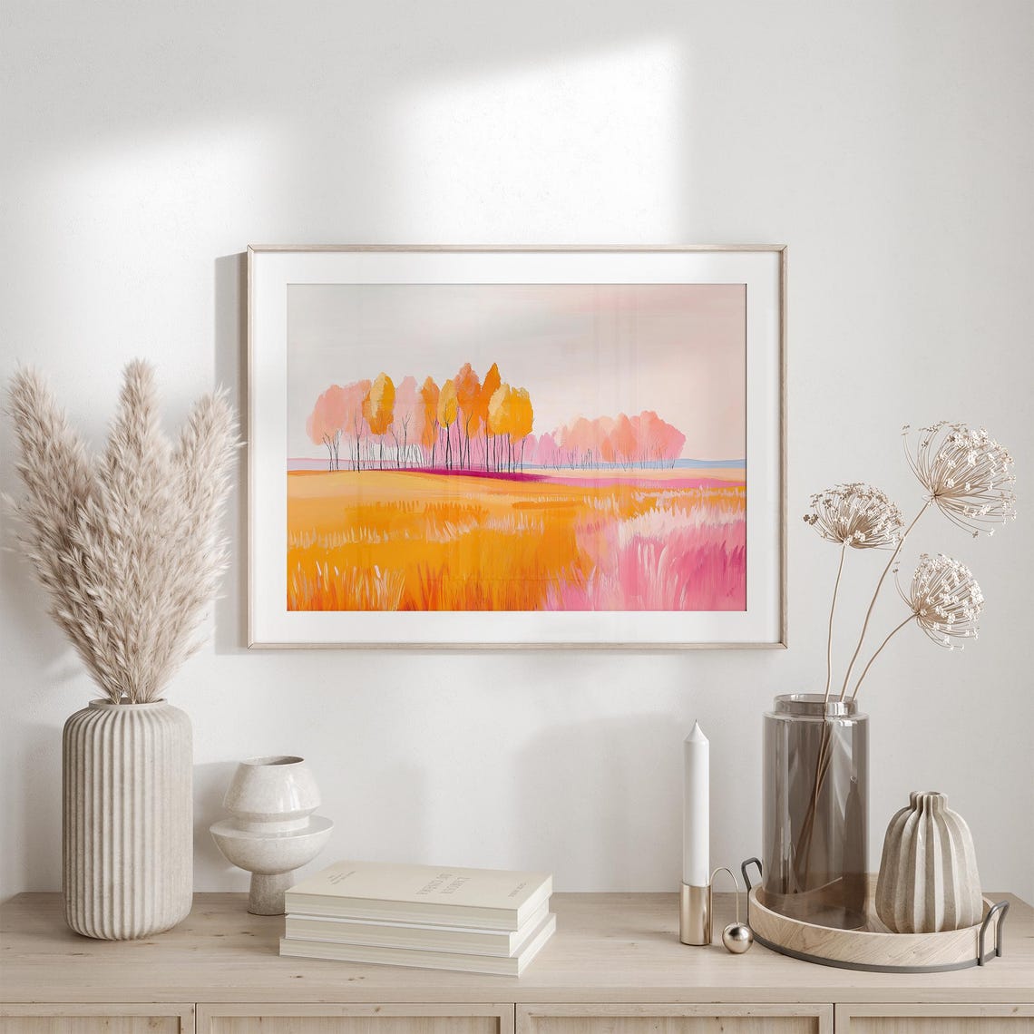 Golden Autumn Meadow With Coral Pink Trees Fall Landscape Poster - Image 3
