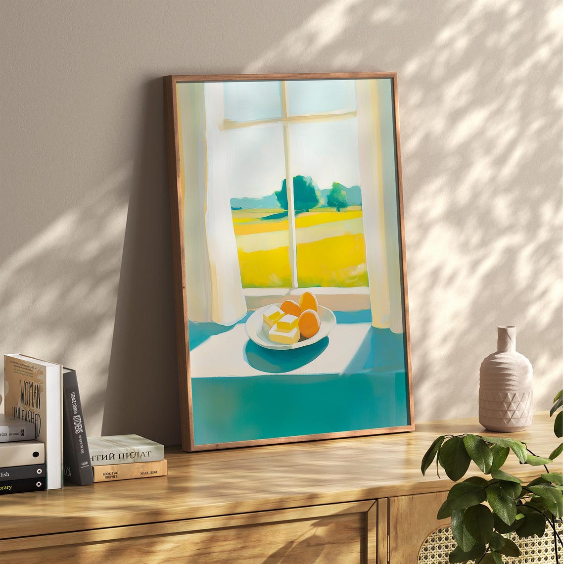Sunny Windowsill Plate of Cheese and Oranges Country Kitchen Poster - Image 2