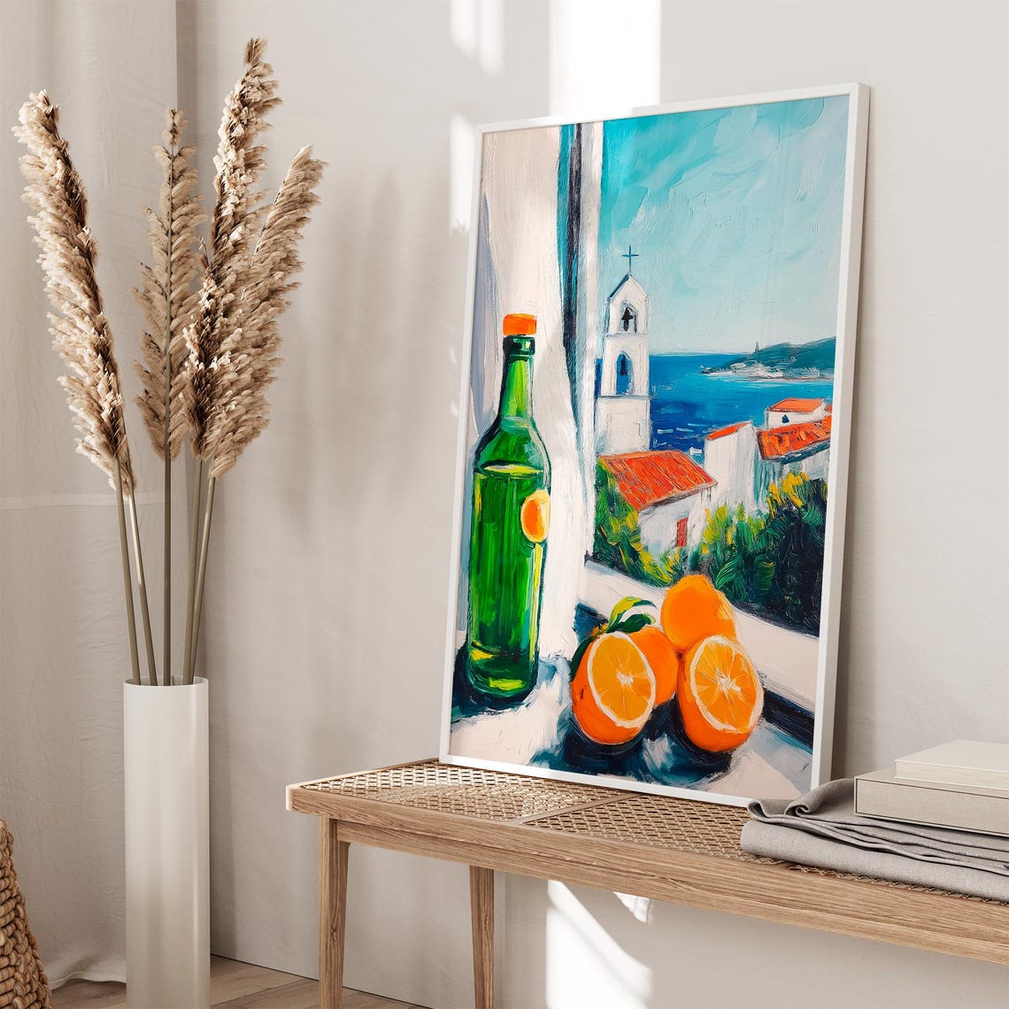 Green Wine Bottle With Oranges Mediterranean Coast Window Poster - Image 2