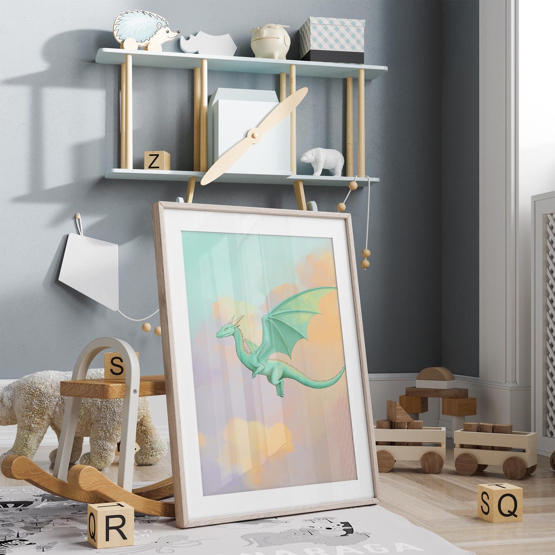 Teal Flying Dragon Soaring Over Pastel Clouds Fantasy Kids Poster - Image 5