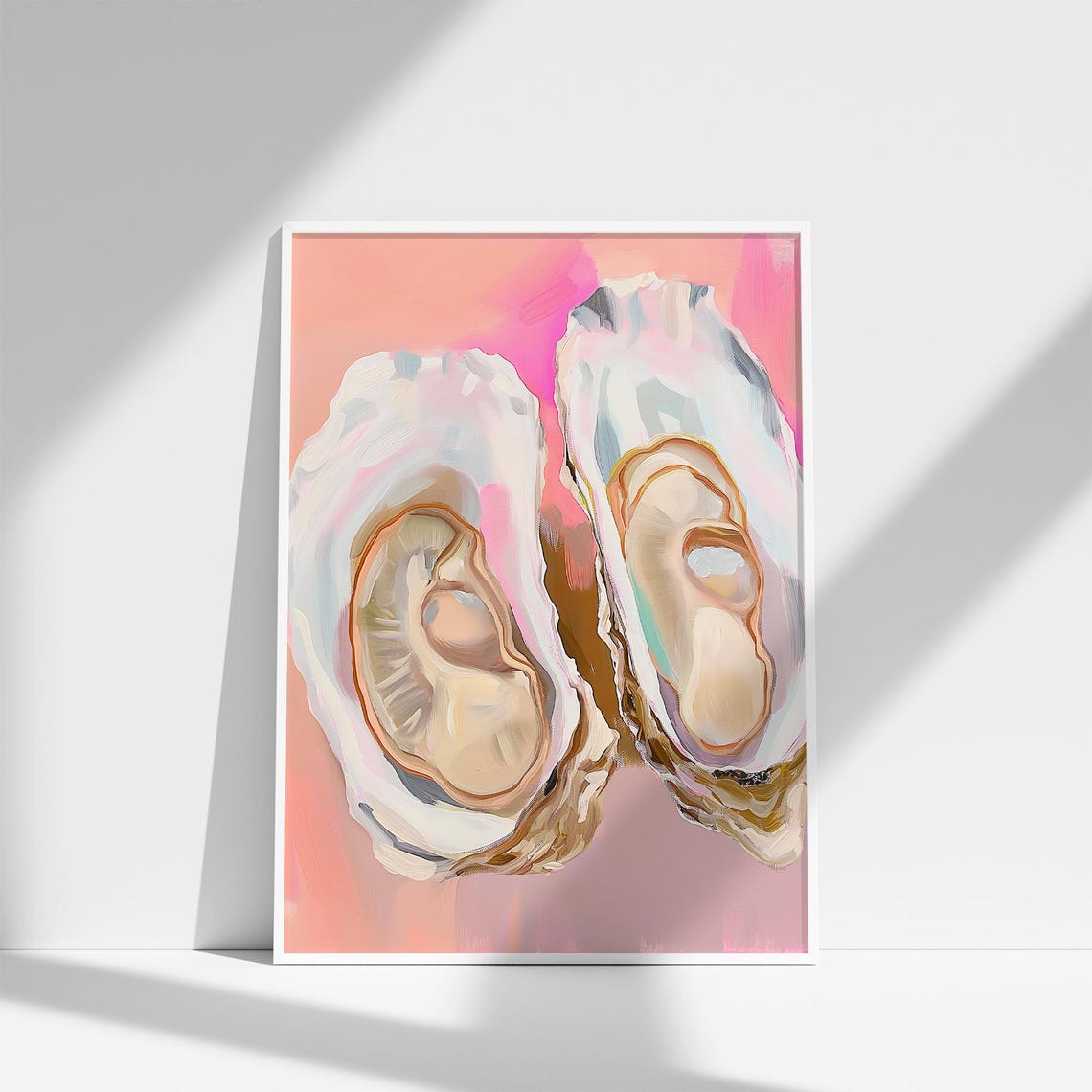 Two Fresh Oysters On Pink Background Coastal Shell Art Poster - Image 5