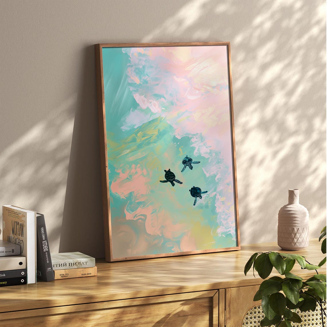 Sea Turtles Swimming in Pastel Ocean Aerial Impressionist Poster - Image 5