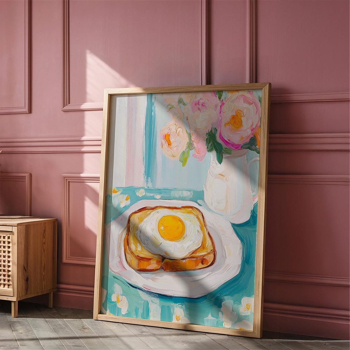 Fried Egg Toast With Peonies Turquoise Breakfast Table Poster - Image 4