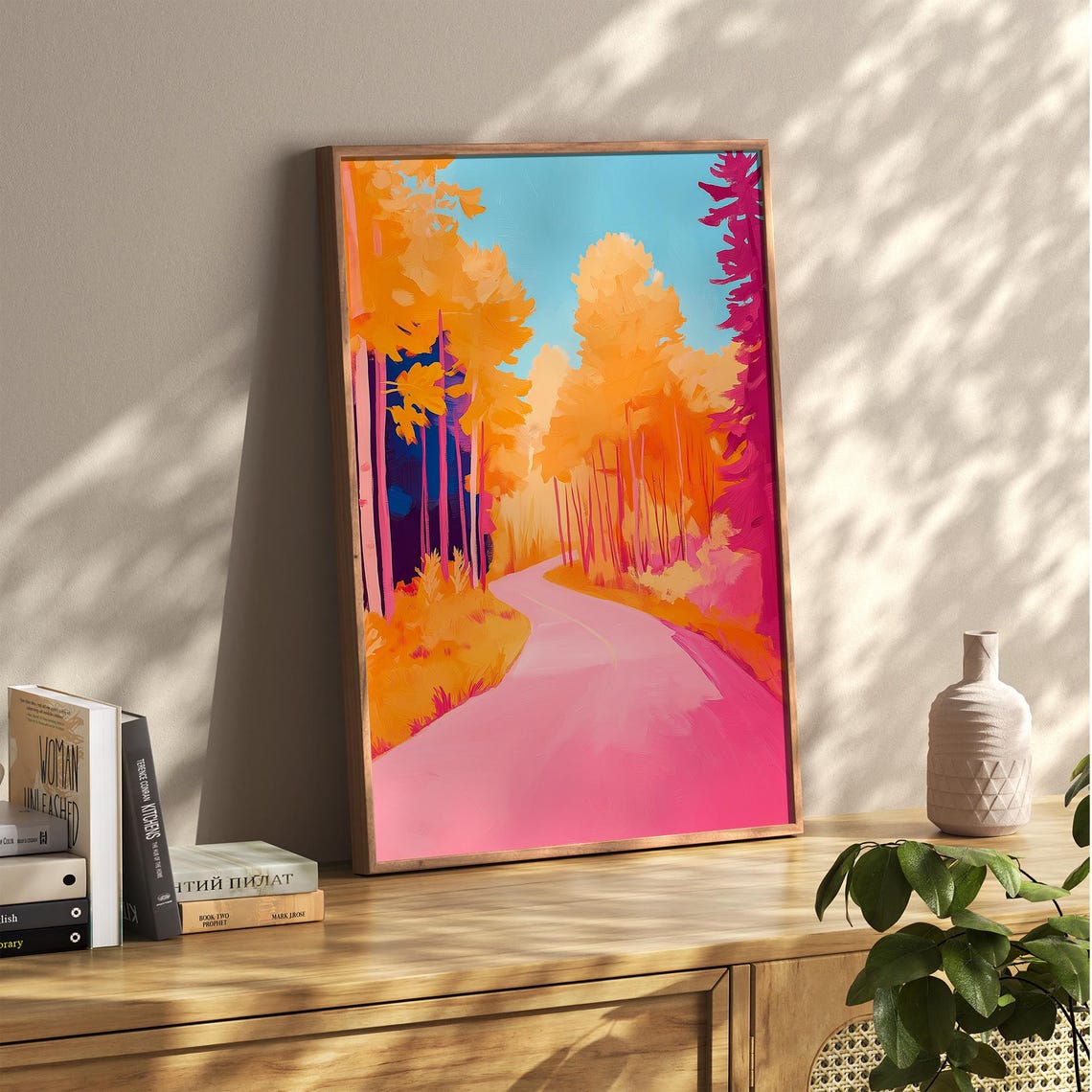 Pink Forest Road Through Orange Autumn Woods Fall Landscape Wall Art - Image 2
