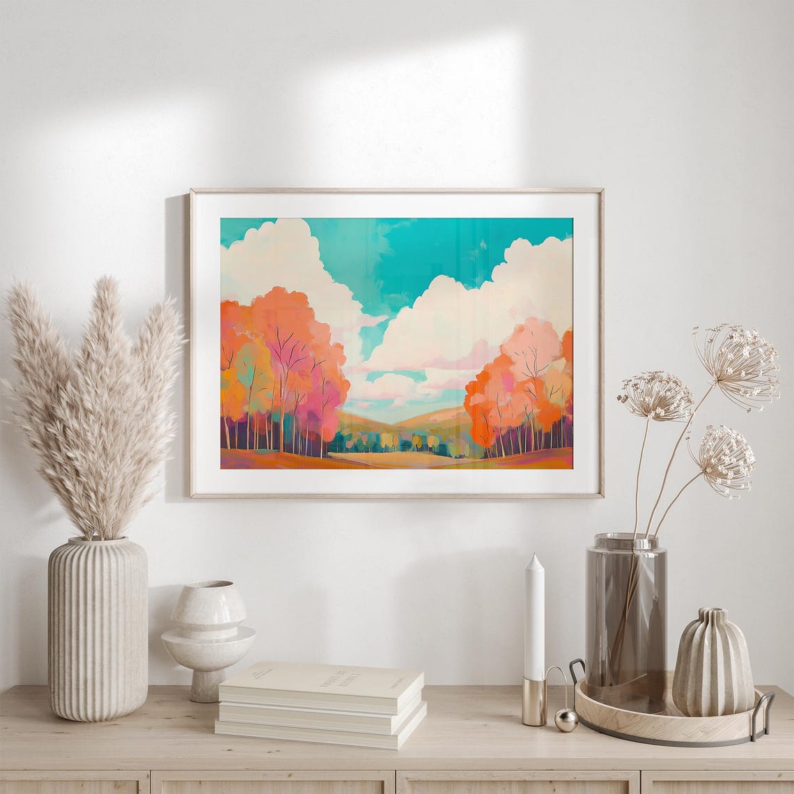 Autumn Forest Path Under Vivid Turquoise Sky With Clouds Poster - Image 6