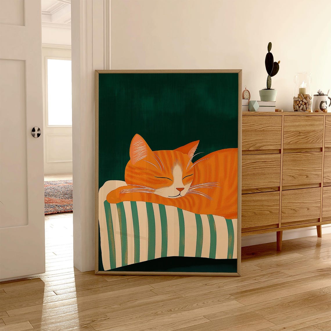 Orange Tabby Cat Sleeping on Striped Cushion Cozy Green Poster - Image 6