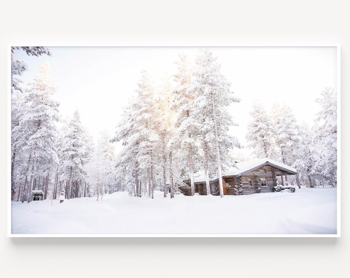 Snowy Winter Forest with Log Cabin Bright Christmas Wonderland Poster