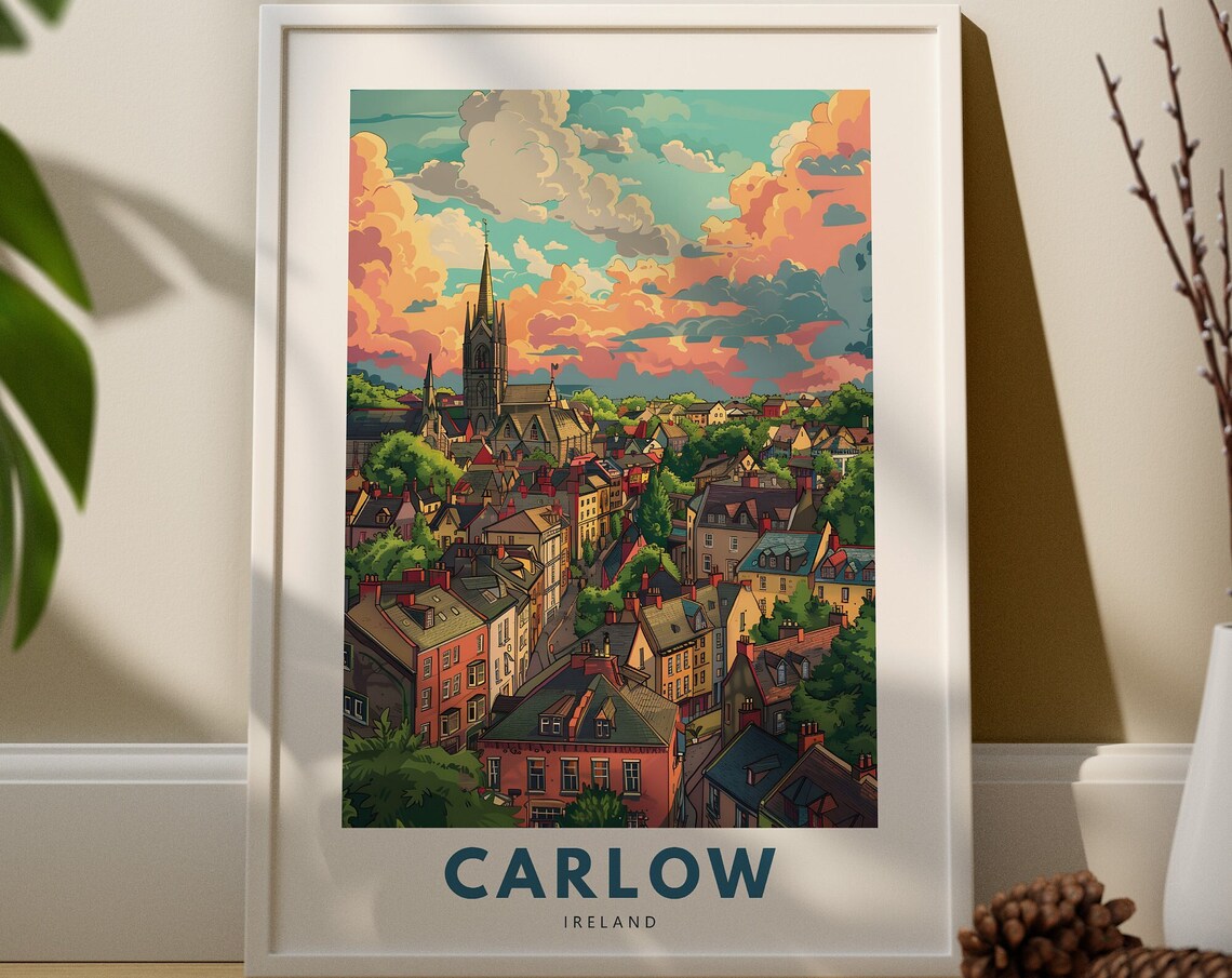 Carlow Ireland Sunset Townscape Illustrated Vintage Travel Print