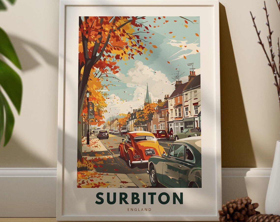 Surbiton England Autumn Street Scene Vintage Cars Retro Poster