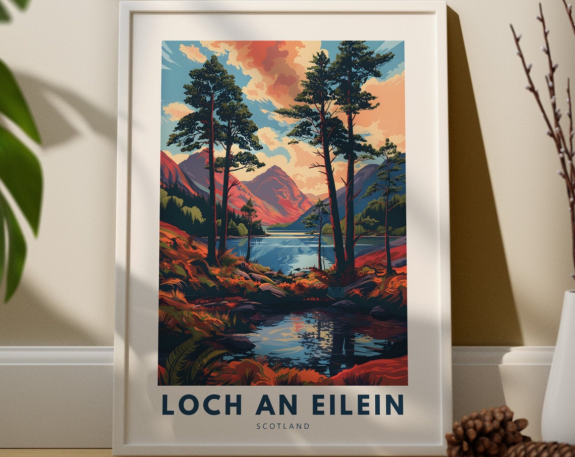 Loch An Eilein Scotland Pine Trees Mountain Lake Travel Poster