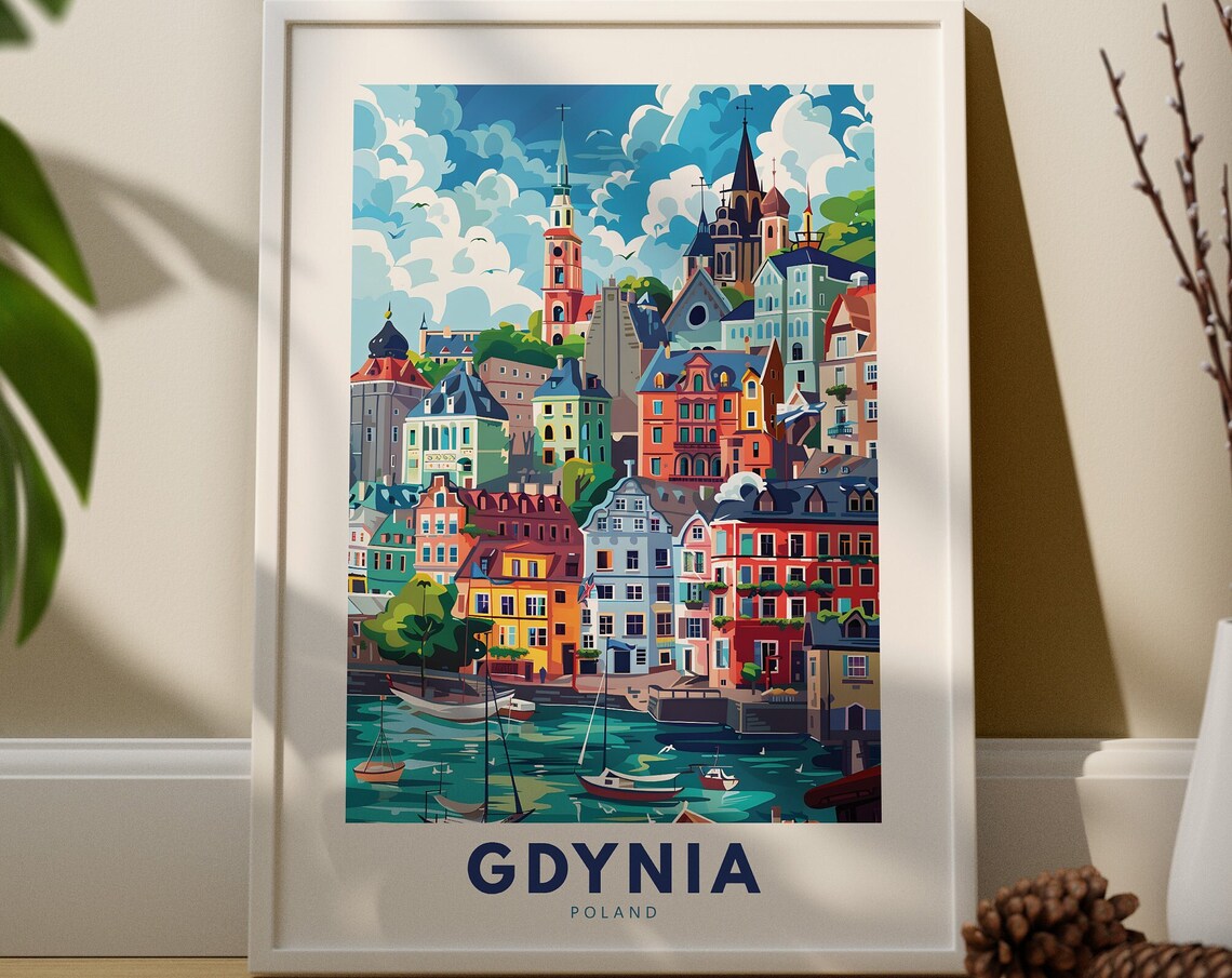 Gdynia Poland Travel Poster Colorful Waterfront and Sailboat Harbor Art