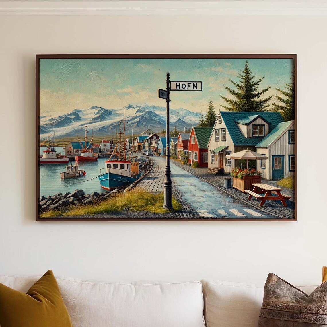 Hofn Iceland Harbor Fishing Boats Village Street Painting Poster