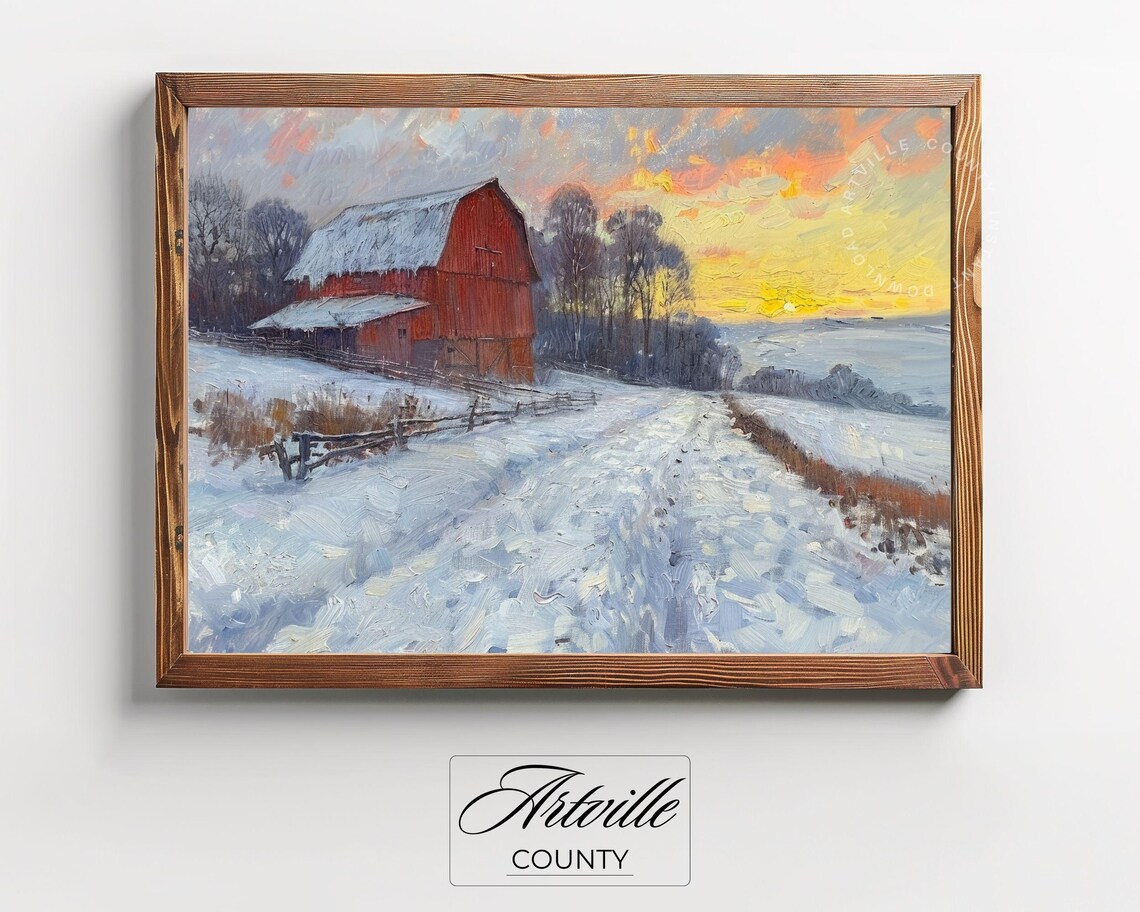 Red Barn in Snow Sunset Winter Farm Vintage Oil Painting Poster - Image 2