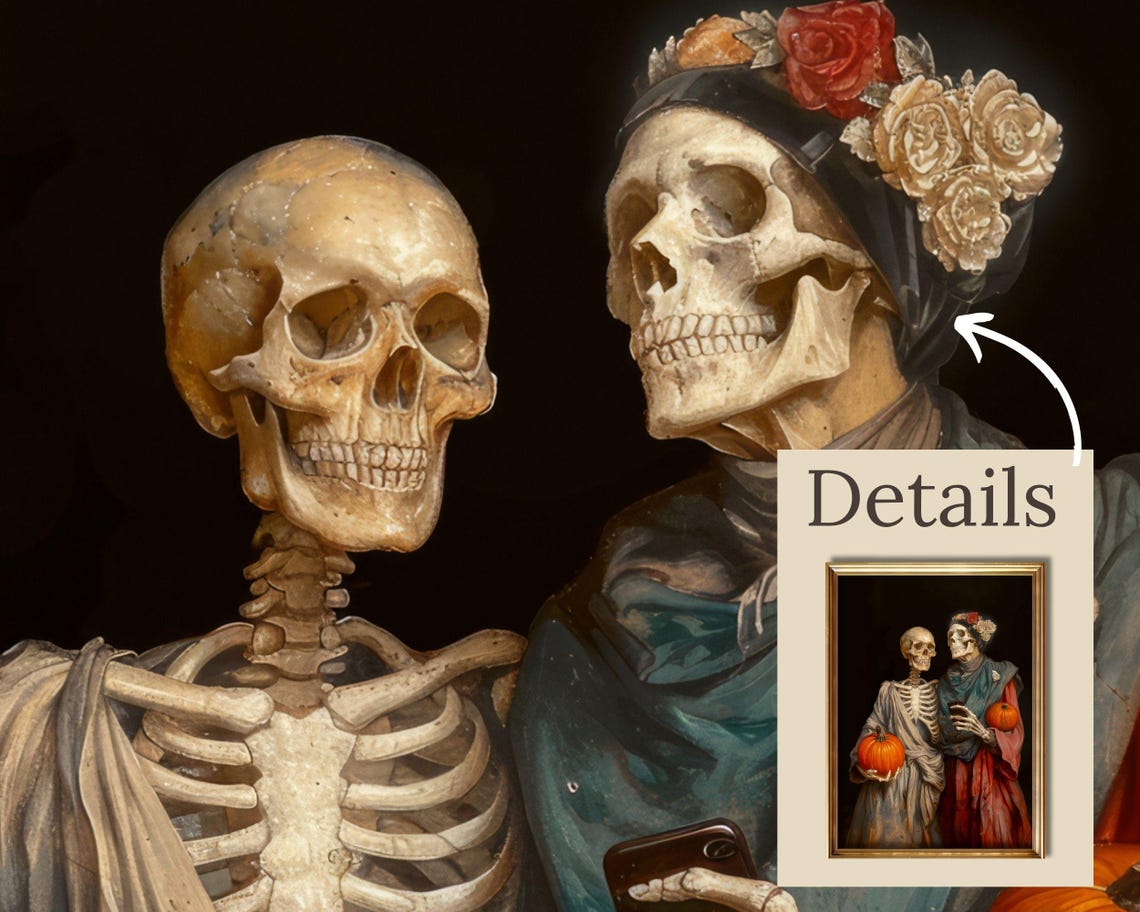 Skeleton Couple Selfie Pumpkins Halloween Funny Vintage Poster - Image 2