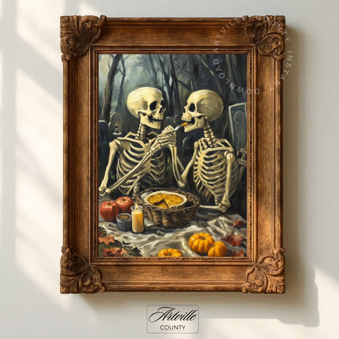 Graveyard Dinner Halloween Poster, Funny Skeletons