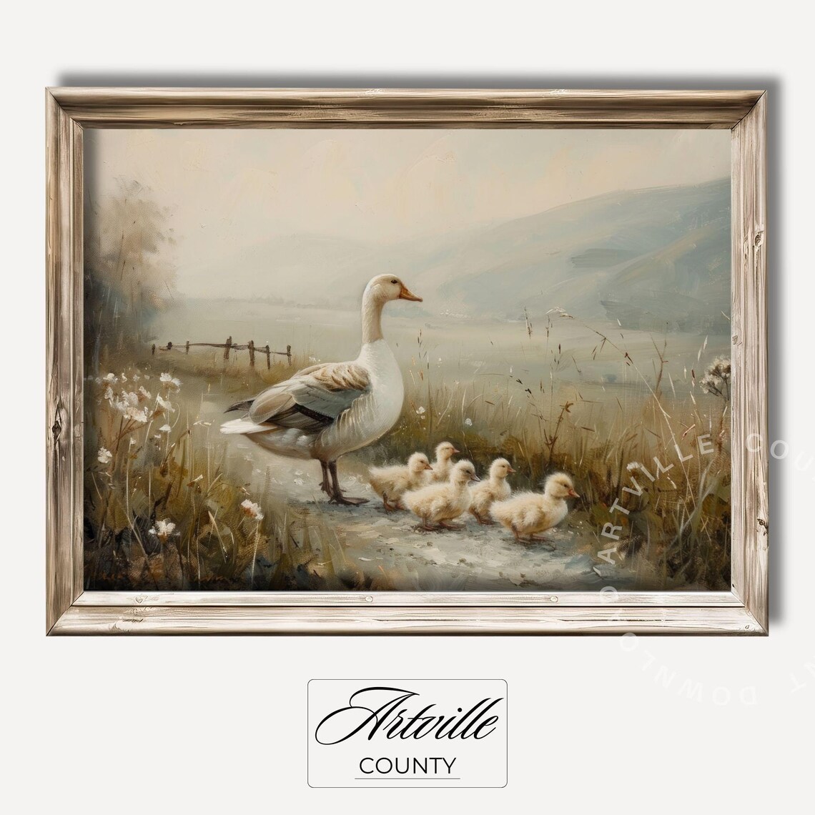 Mother Goose and Goslings Vintage Wall Art Countryside Meadow Farm Animals
