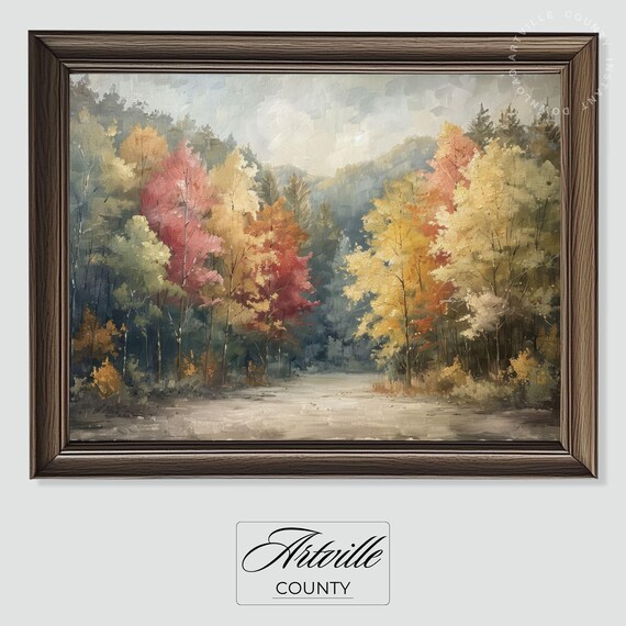 Rustic Autumn Forest Path Oil Painting Red Gold Trees Poster