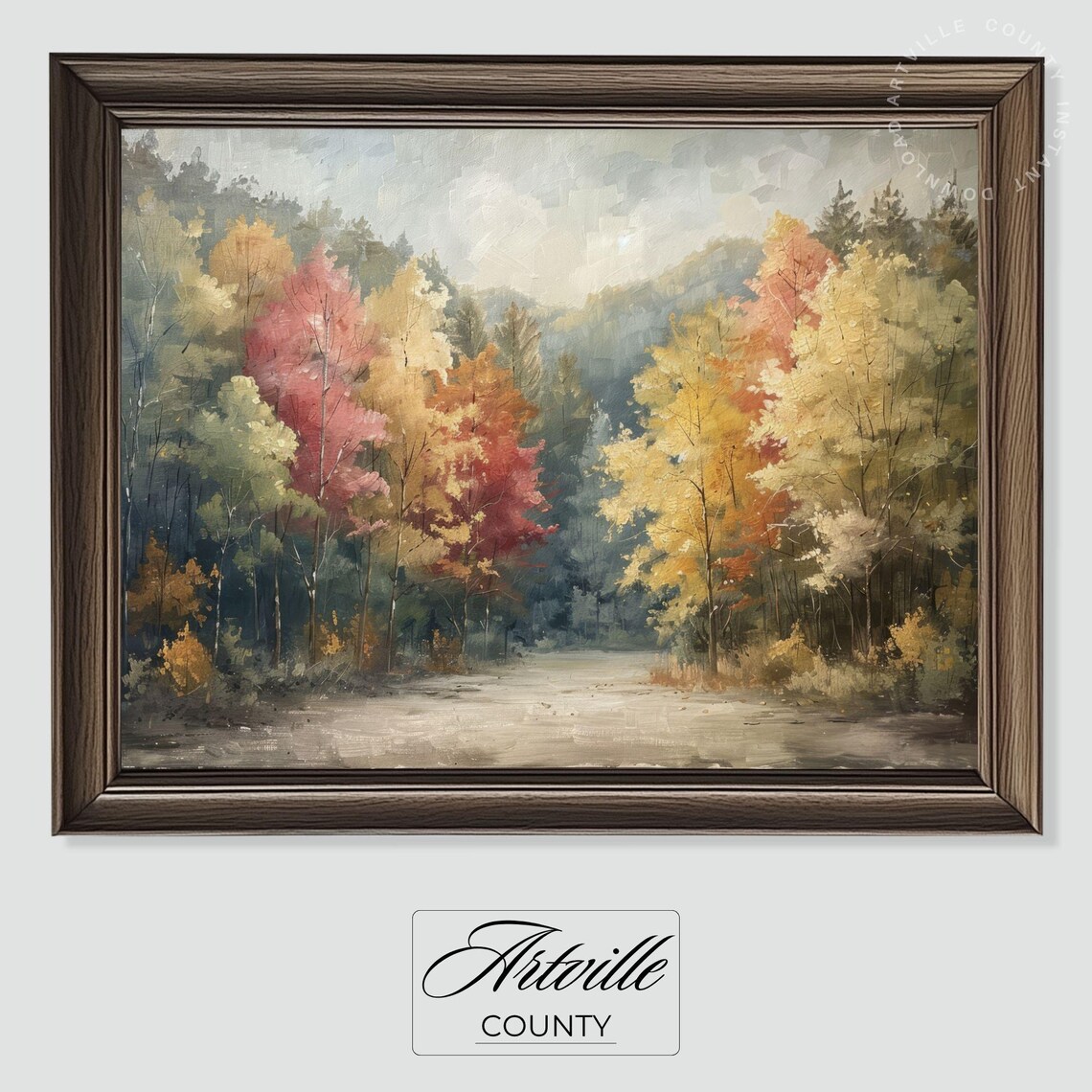 Vintage Autumn Landscape Painting Countryside Fall Print Rustic Wall Art Neutral Seasonal Decor