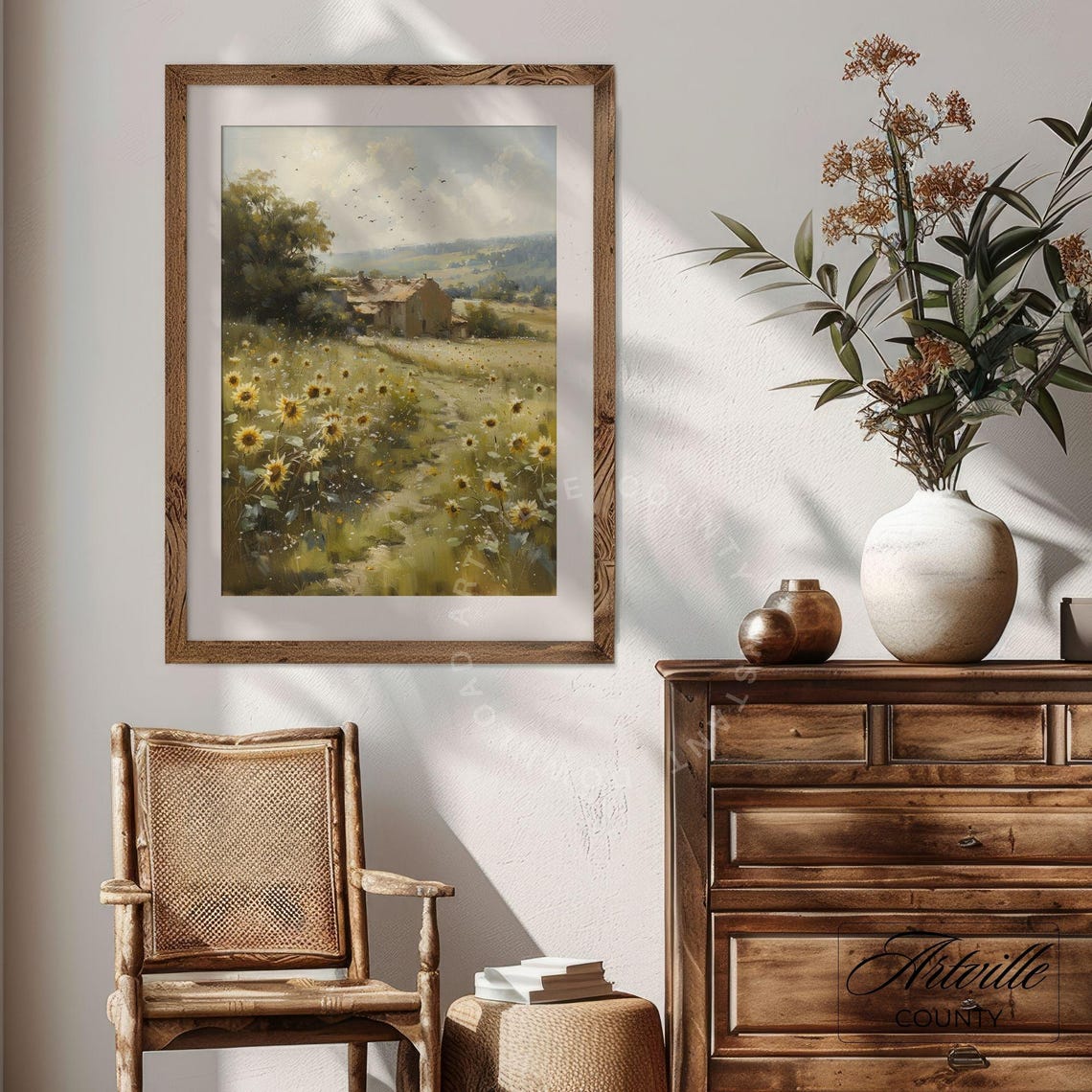 Sunflower Field Landscape Painting Vintage Cottage Print Farmhouse Wall Art Countryside Oil Painting Cottagecore Art Print - Image 2