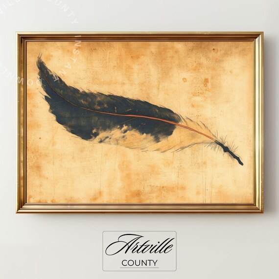 Rustic Feather Wall Art Antique Style Bird Quill Print Vintage Japanese Painting Minimalist Boho Farmhouse Decor