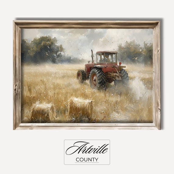 Vintage Tractor In Field Painting Farmhouse Wall Art Farm Wall Art Countryside Field Print Farming Scene Art Print