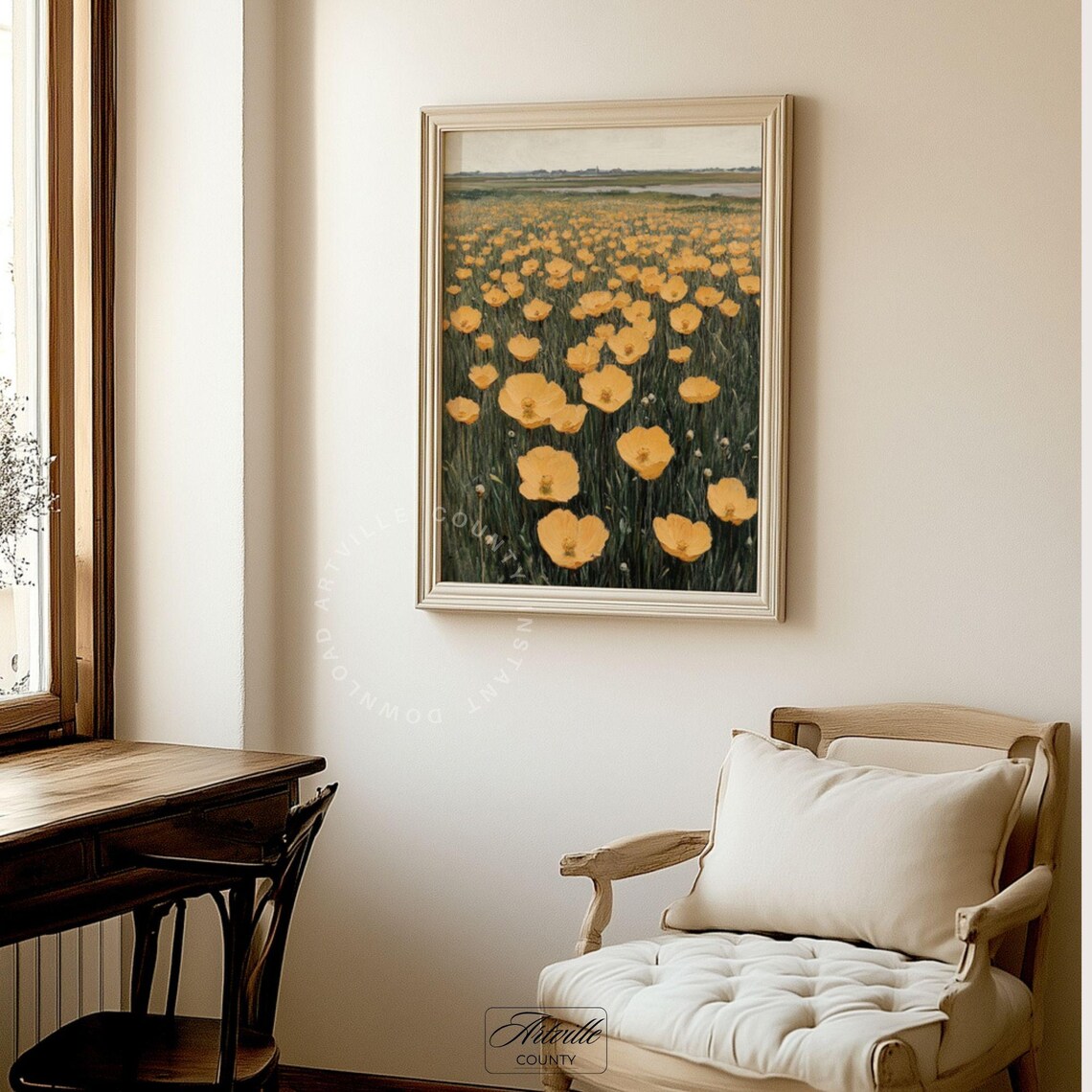 Yellow Poppy Field Meadow Oil Painting Country Floral Landscape Wall Art