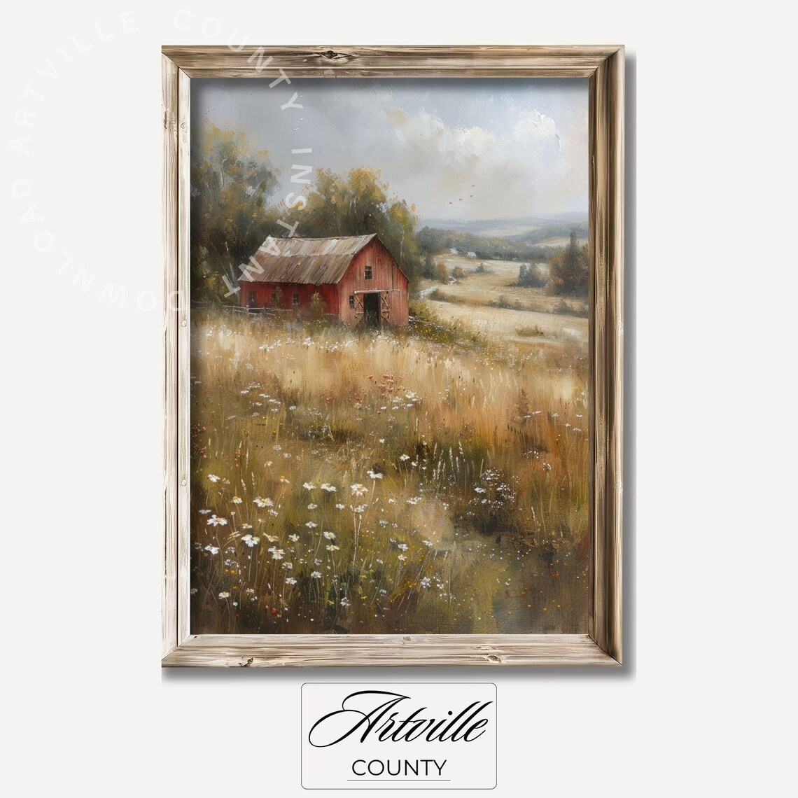 Red Barn Wildflower Meadow Vintage Country Farmhouse Painting Poster