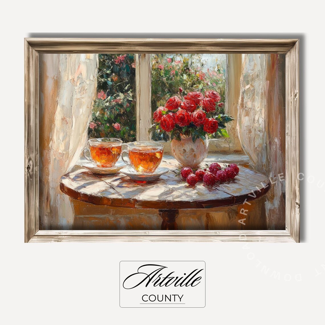 Tea Roses Raspberries Sunlit Window Vintage Still Life Poster