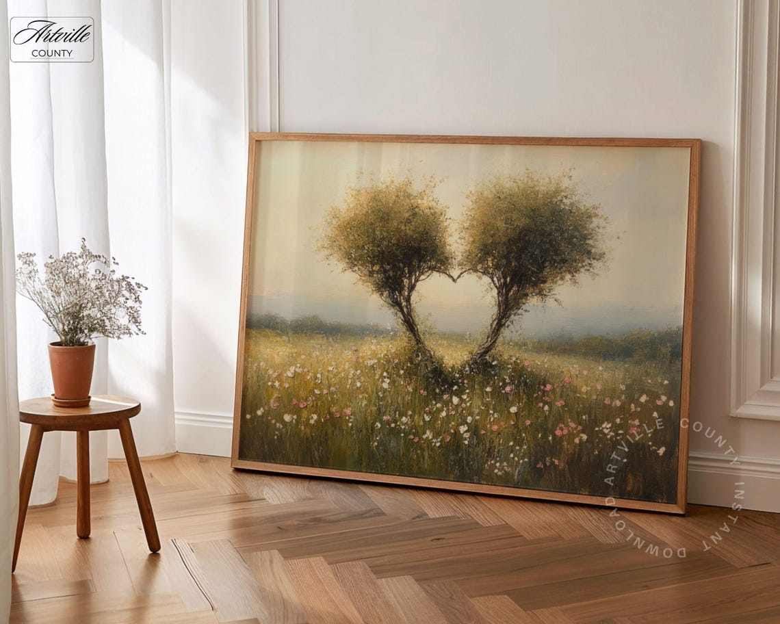 Heart Trees Meadow Wildflowers Vintage Romantic Landscape Poster - Image 3