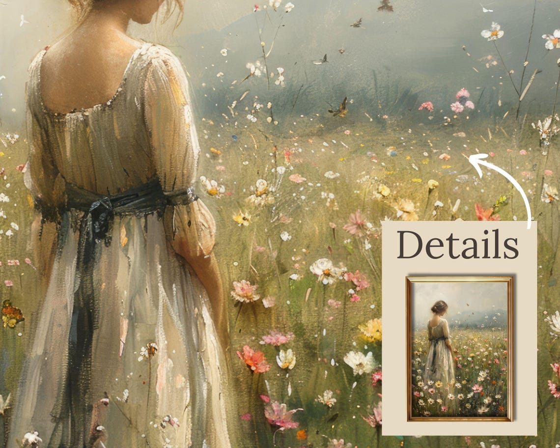 Woman In White Dress Walking In Wildflower Meadow Summer Poster - Image 2