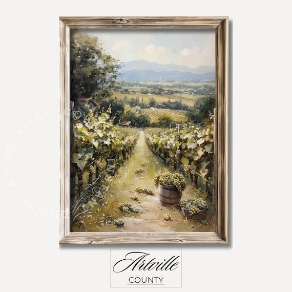 Vineyard Harvest Grape Rows Rolling Hills Vintage Landscape Poster