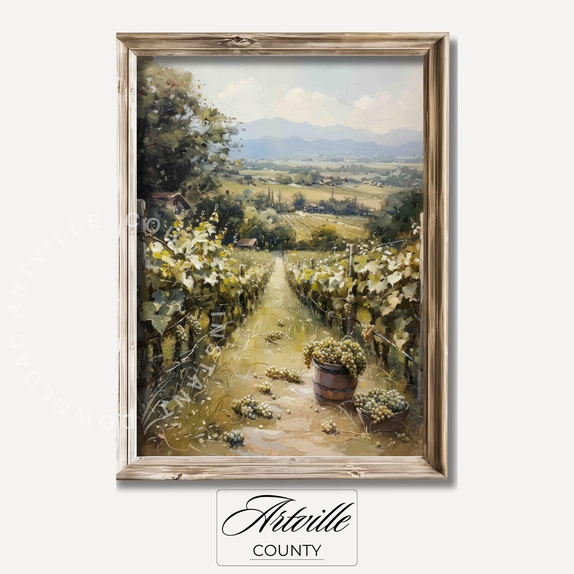 Vineyard Harvest Grape Rows Rolling Hills Vintage Landscape Poster