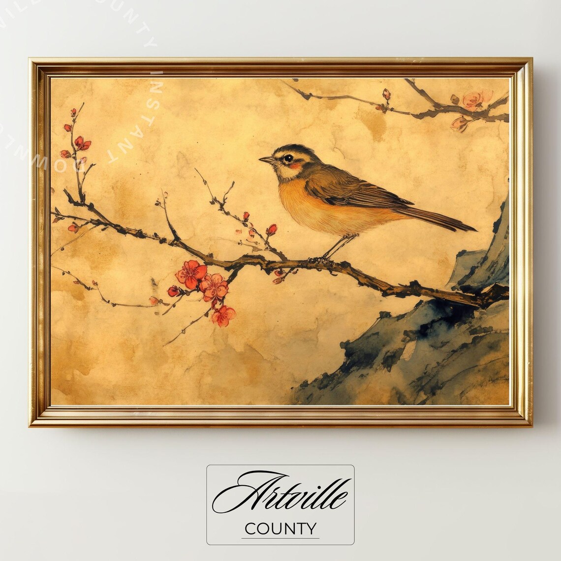 Songbird On Blossoming Plum Branch Japanese Antique Art Poster