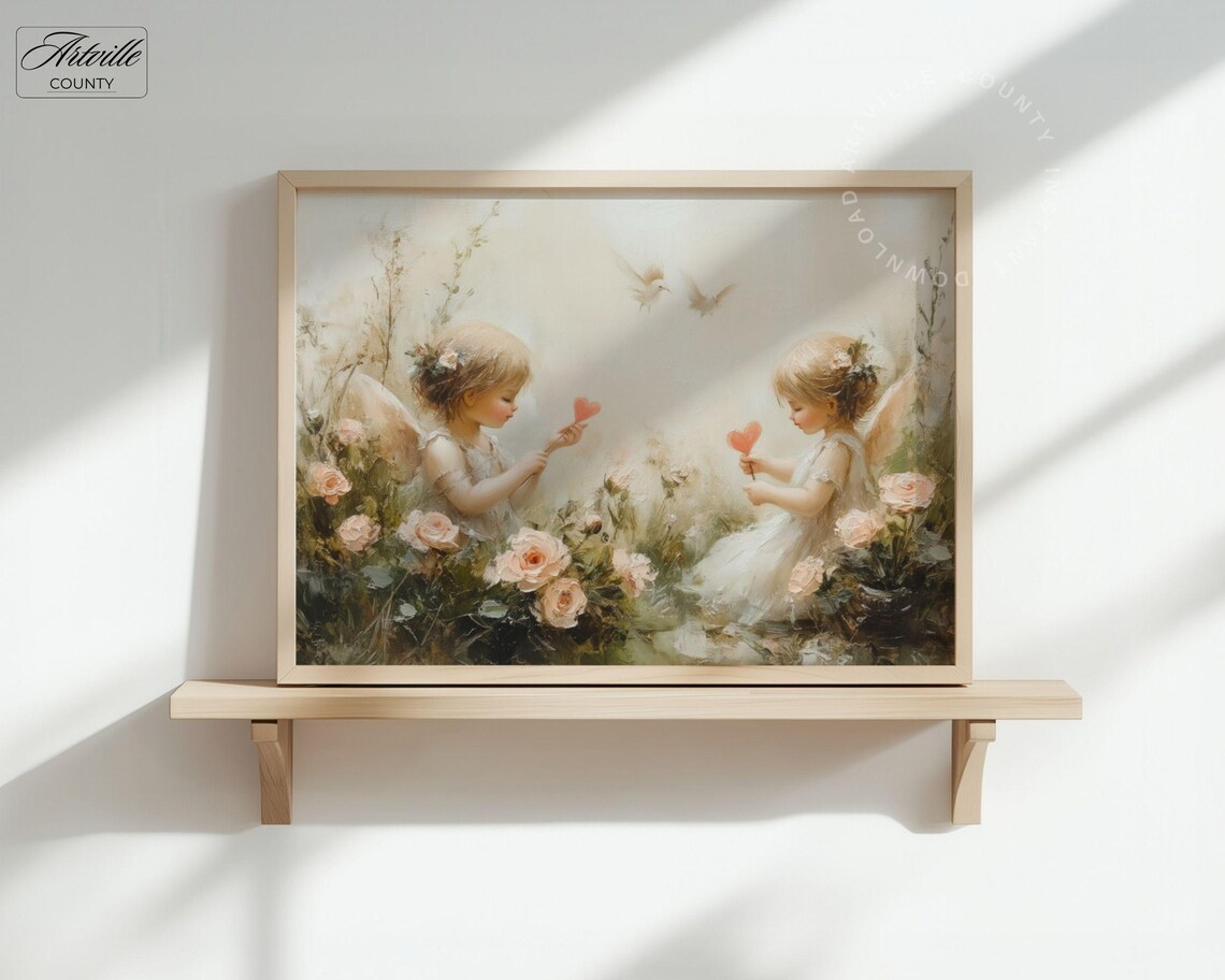 Two Angels Roses Heartwarming Vintage Nursery Painting Poster - Image 3