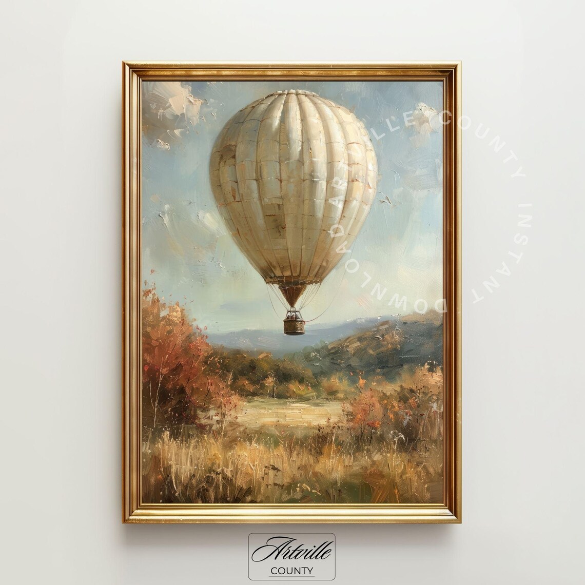 Vintage Hot Air Balloon Over Autumn Countryside Landscape Poster