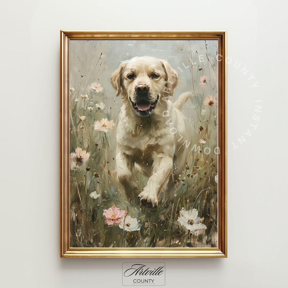 Smiling Yellow Labrador Retriever Running Through Wildflowers Poster
