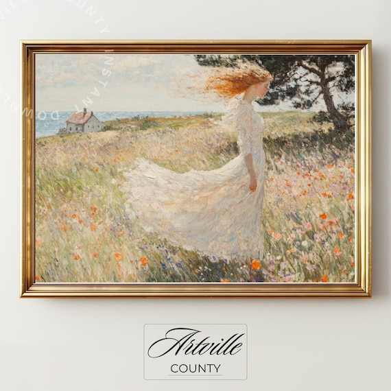 Woman In Flowing White Dress Windy Meadow Vintage Painting Poster