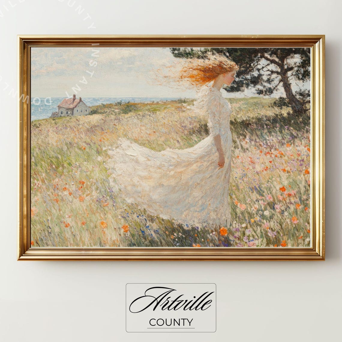 Vintage Windy Meadow Woman Print Countryside Landscape Painting Beauty In Nature Wall Art Farmhouse Cottage Decor